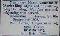 Charles King , dødsannonse i Aftenposten 1898.