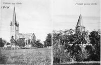Postkort fra 1914 med den nye og den gamle kirken.