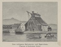 Skipskrana i Bjørvika, tegna av fyrdirektør Diriks. Fra Gamle Christiania-billeder, 1893.