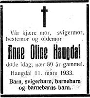 22. Dødsannonse for Anne Oline Haugdal i Nord-Trøndelag og Nordenfjeldsk Tidende 14.03.33.jpg