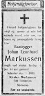Båtbygger Johan Markussen døde i spanskesyken 4. januar 1919. Dødsannonsen sto i Folkeviljen.