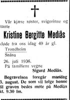 31. Dødsannonse for Kristine Bergitte Mediås i Inntrøndelagen og Trønderbladet 31.7.1936.jpg