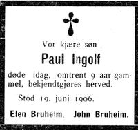 30. Dødsannonse for Paul Ingolf Bruheim i Indtrøndelagen 20.6.1906.jpg