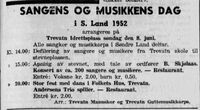Sangen og musikkens dag i Søndre Land. Oppland Arbeiderblad 6. juni 1952.
